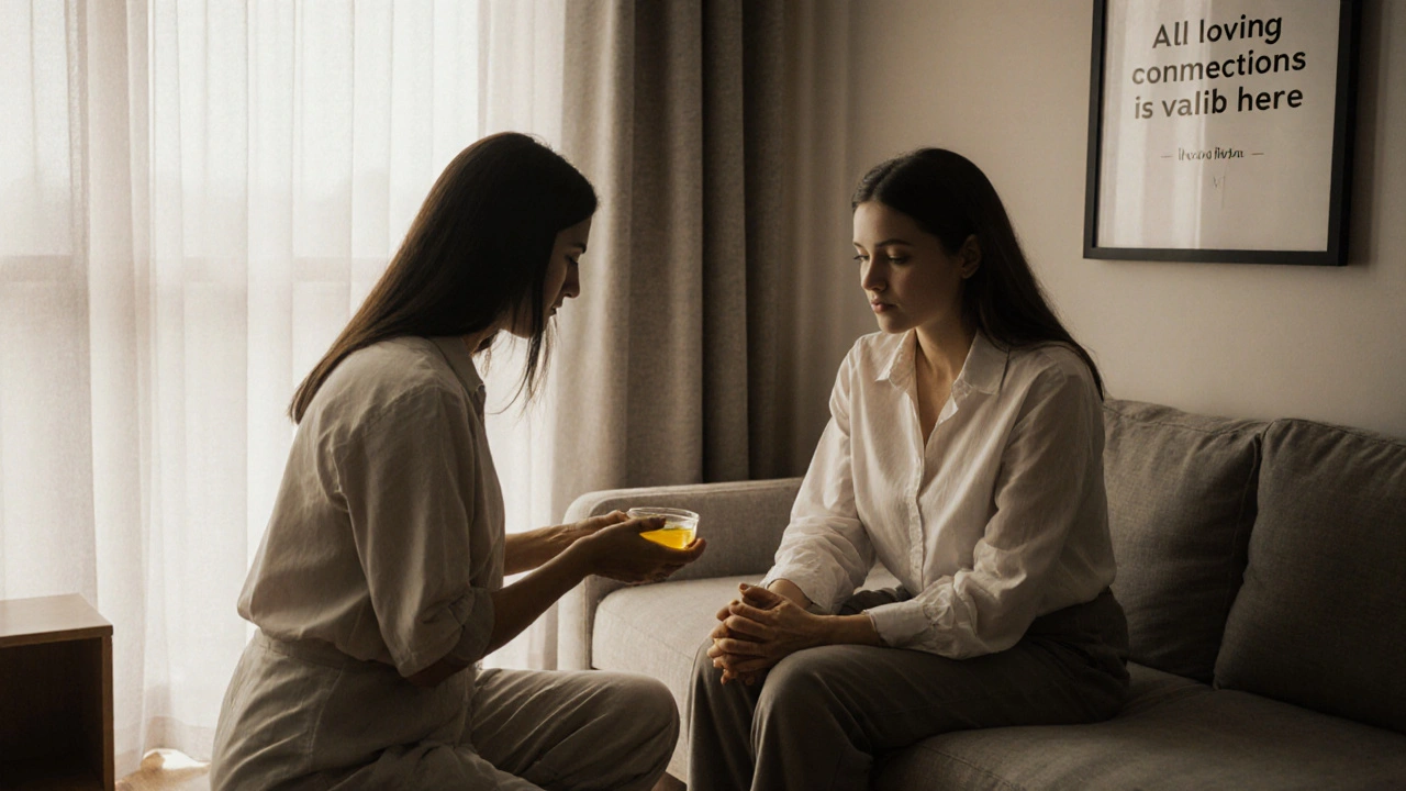 A therapist offering oil to a same-sex couple in a serene room, their hands intertwined, natural light, no gendered cues.
