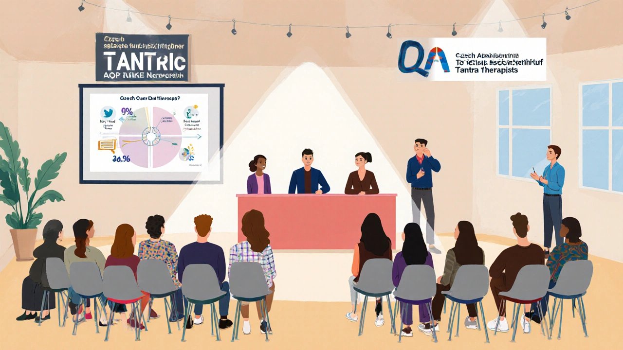 Community workshop with experts discussing tantric massage facts to reduce stigma.