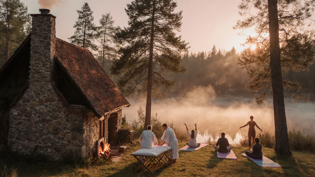 Cottage retreat scene with couple receiving a tantra massage beside a fireplace at sunrise.