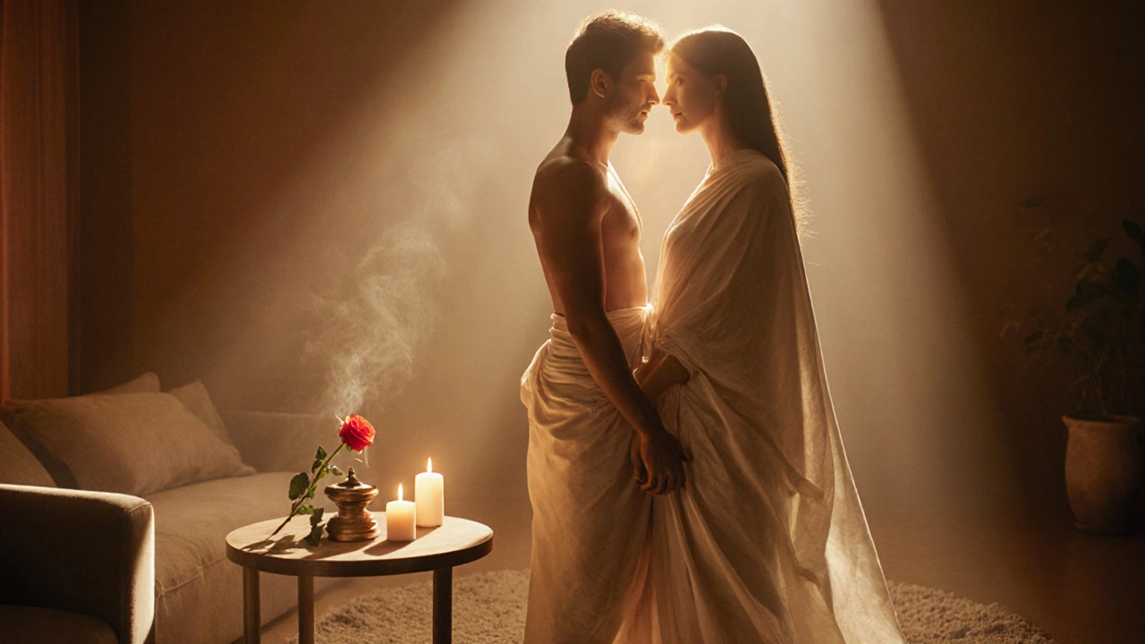 Couple eye‑contacting after tantric session, bathed in warm candlelight with a subtle aura.