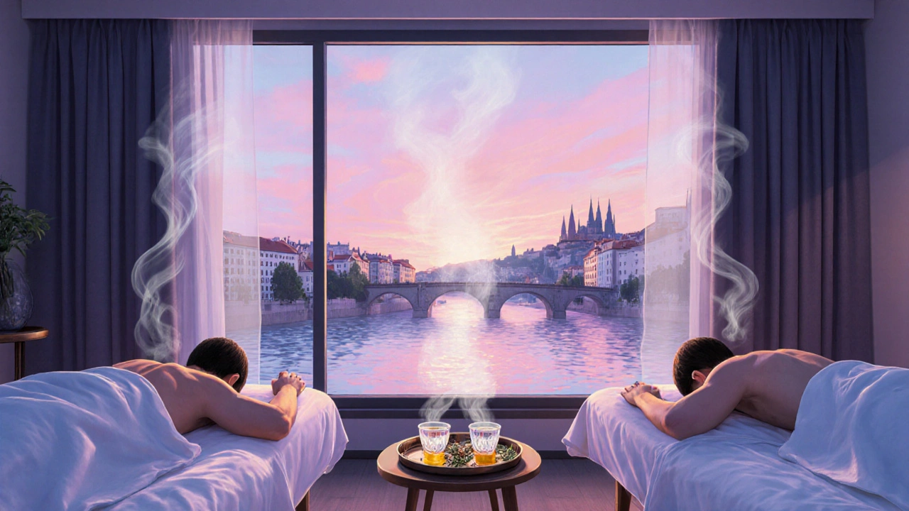 Couple receiving massages near a window with sunrise over the Vltava river.