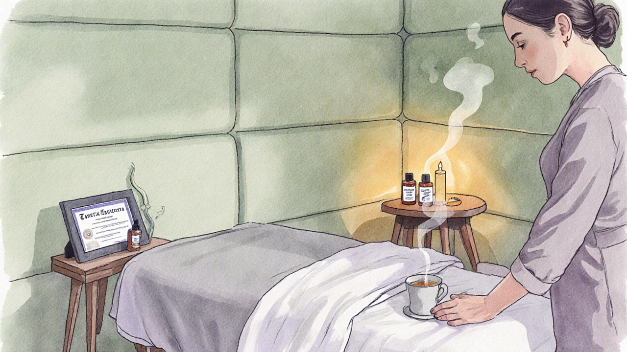Cozy private tantra massage room with certification frame, herbal tea, and therapist preparing oils.