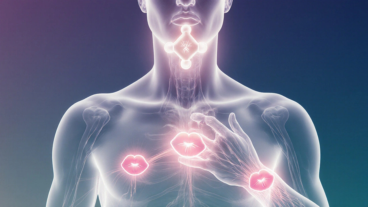 Digital art of oxytocin molecule above a silhouette with glowing kiss icons on pulse points.