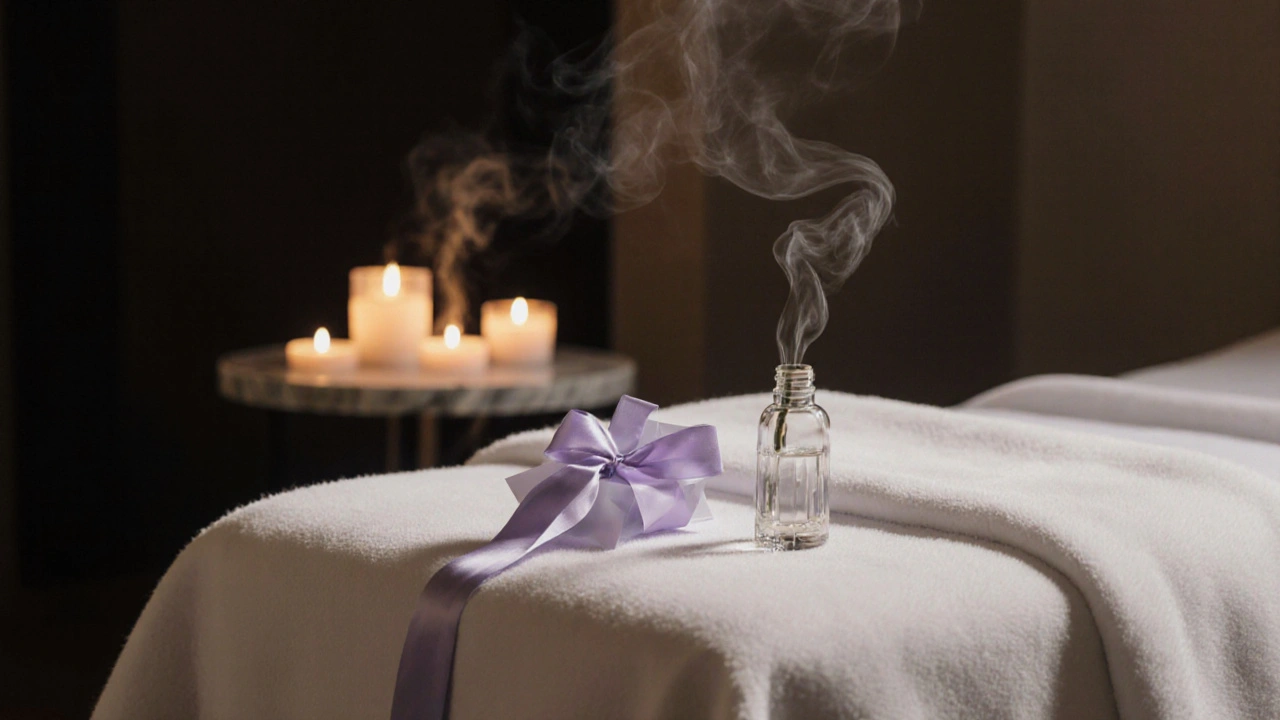 Dim spa room with candles, lavender aroma, draped linens and a sealed envelope on a side table.
