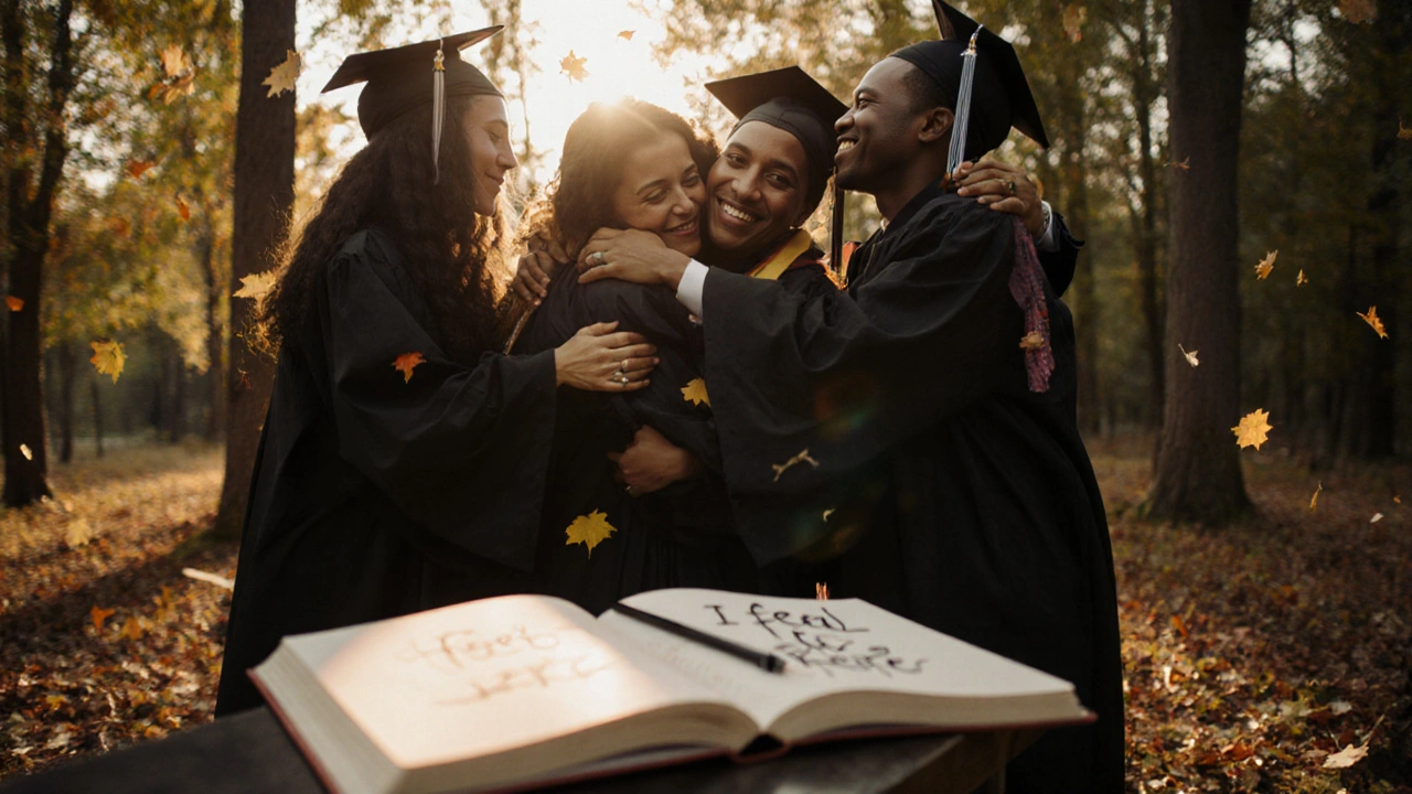 Graduates embracing in a forest at sunset, autumn leaves falling around them