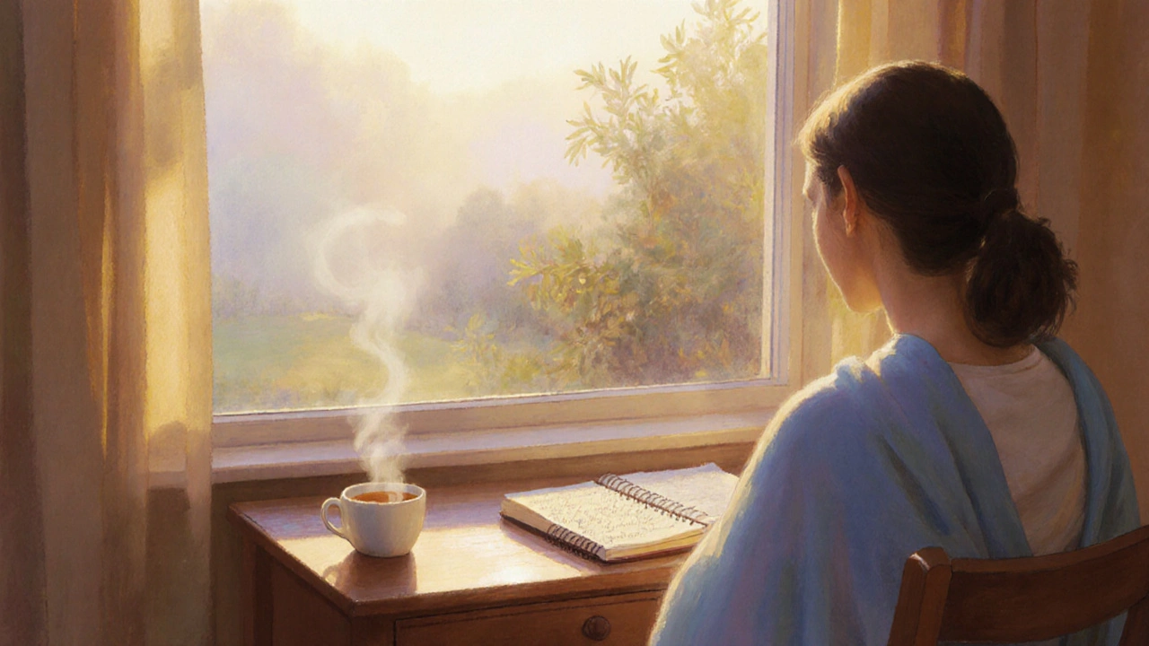Person journals by a sunrise window with tea, after a tantric massage session.