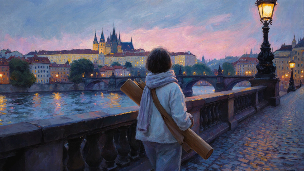 Relaxed visitor walking across Charles Bridge at sunset after a Nuru massage, feeling serene.