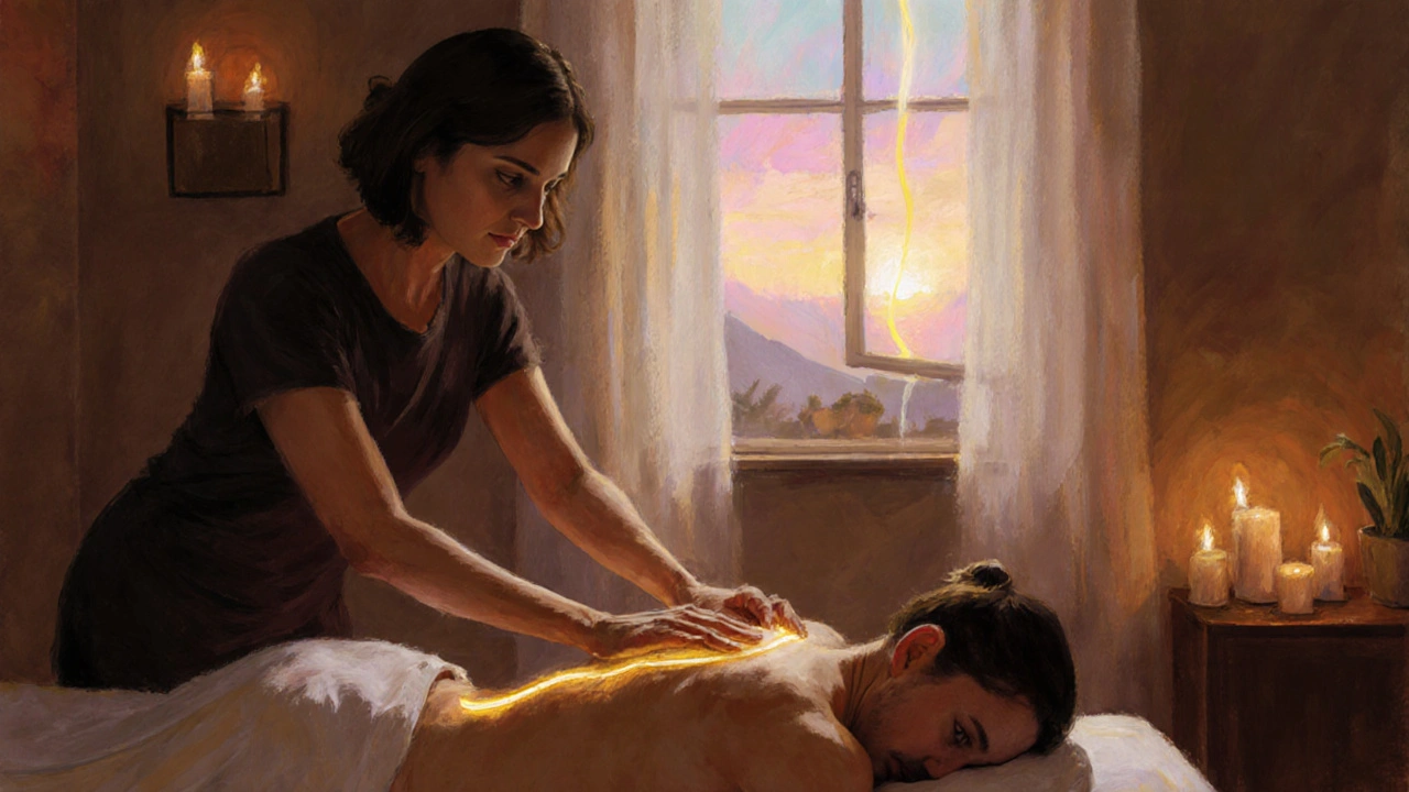 Therapist guiding a client&#039;s Kundalini energy with glowing ribbon in a calm studio.