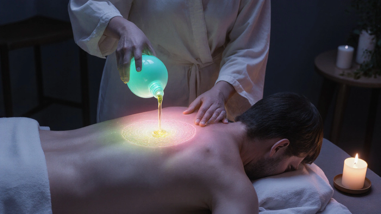 Therapist pours warm oil onto a client&#039;s back, with a pink glow around the heart chakra.
