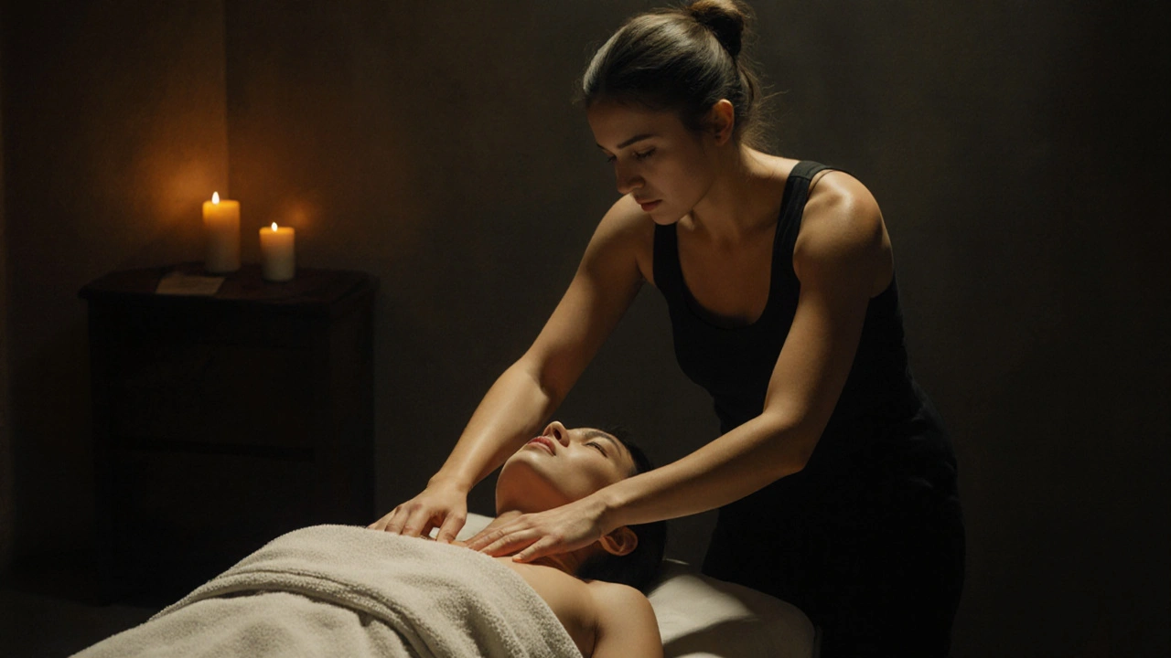Two individuals in a massage room, hands hovering above skin, soft candlelight