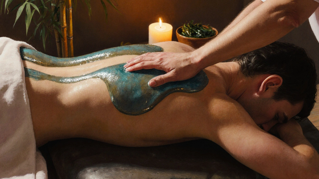 Two people covered in glossy seaweed gel gliding together on a warm massage table.