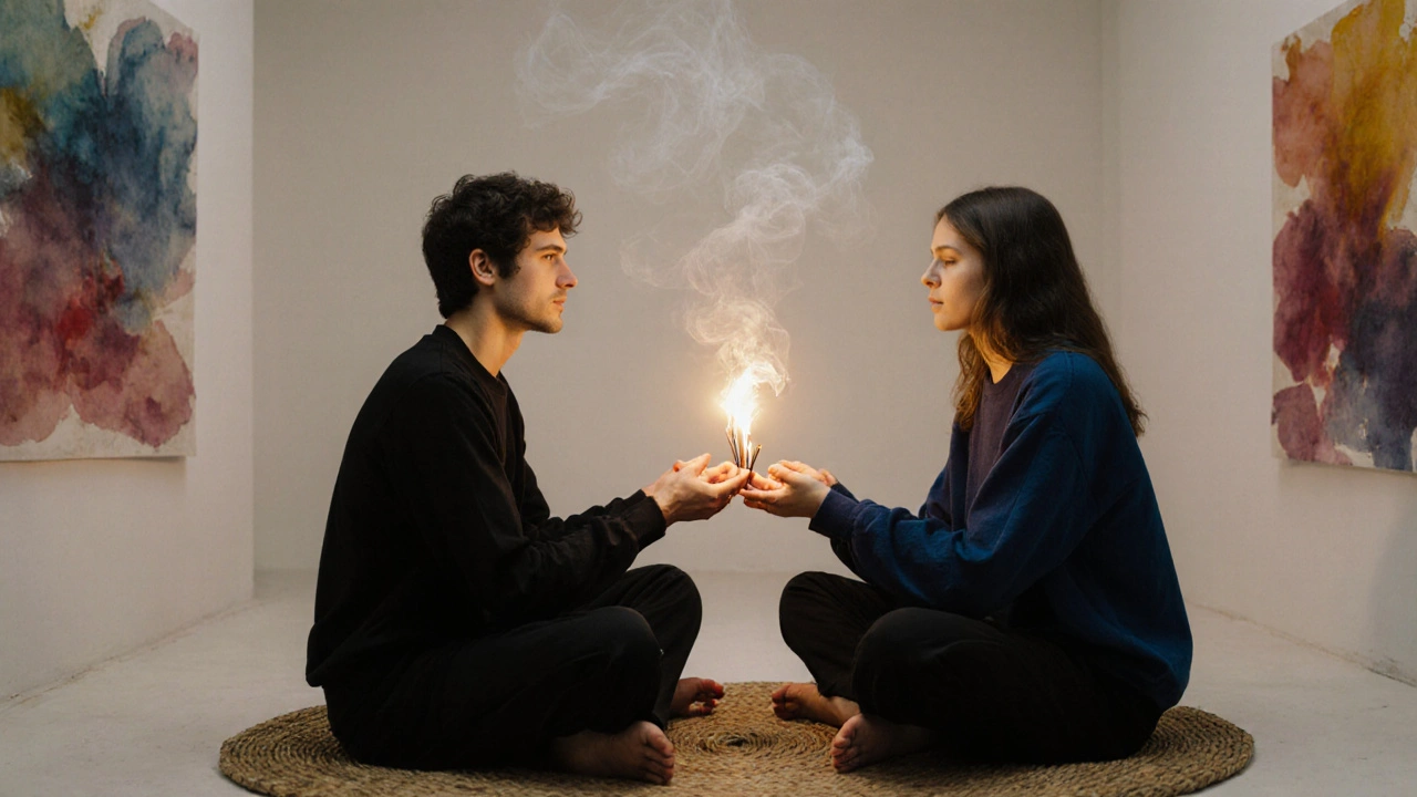 Two people of the same gender sitting face to face, palms touching, golden light between them, eyes closed in peaceful connection.