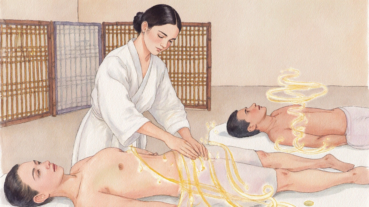Watercolor of tantric practitioner mapping energy on couple&#039;s pelvic areas with glowing light trails.