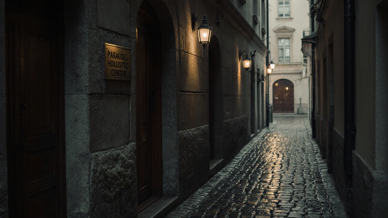 A discreet wellness center door in Prague&#039;s historic Lesser Town, marked only by a small brass plaque.