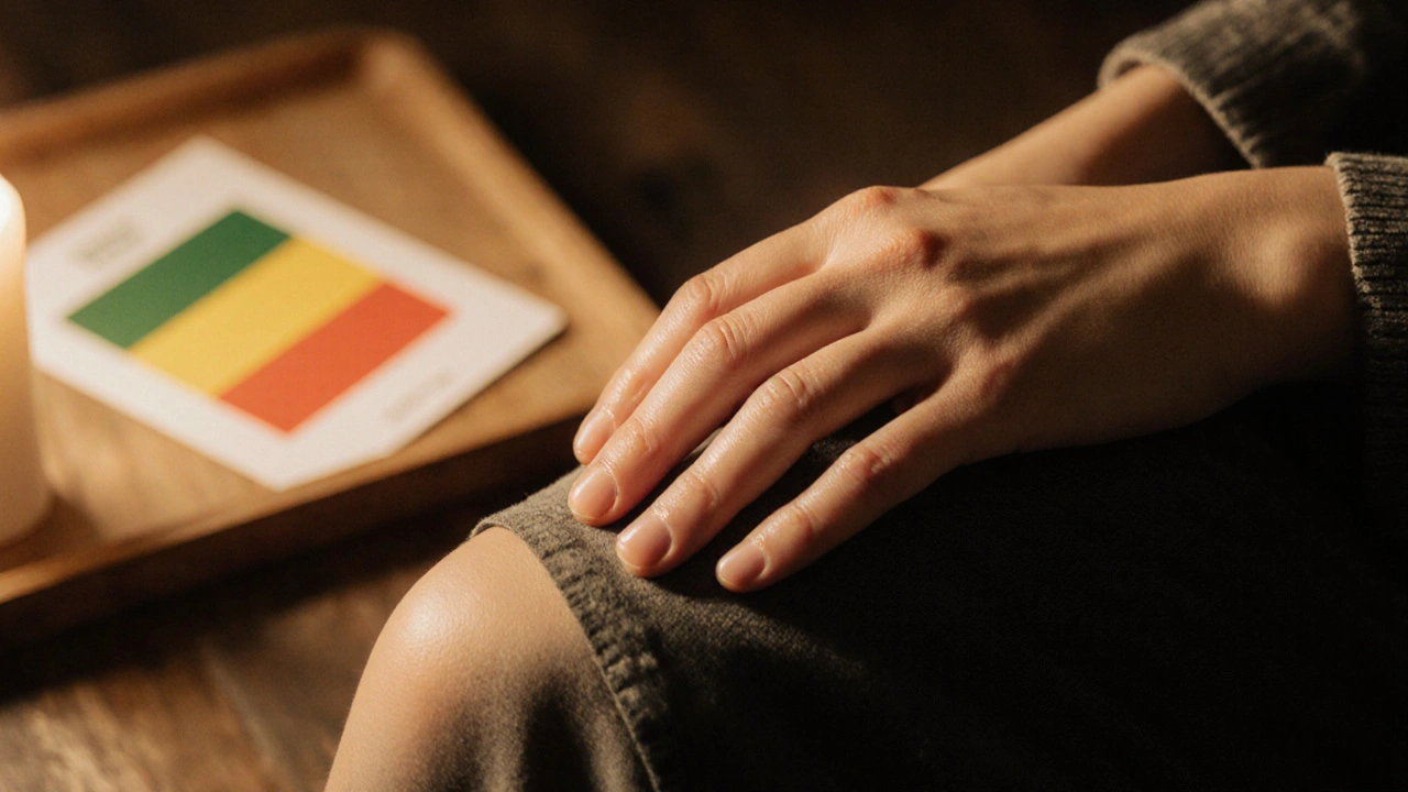 A hand resting still on a thigh, illuminated by candlelight, with a green-yellow-red signal card visible nearby.