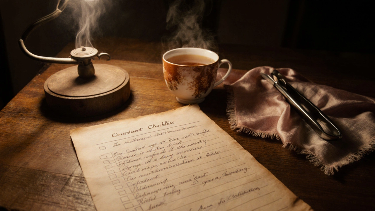 A handwritten consent form with silk scarf and sterilized tools on a wooden table.