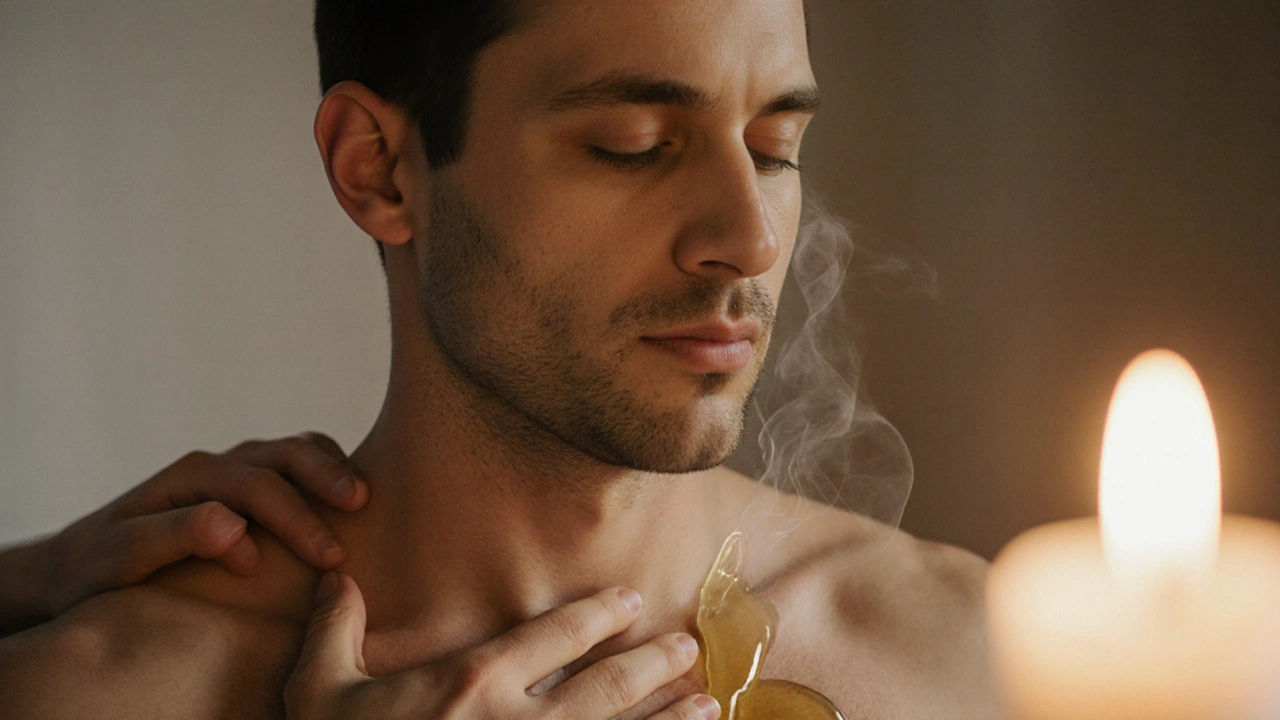 A man&#039;s hand resting on his chest in quiet self-touch, eyes closed, bathed in warm candlelight.