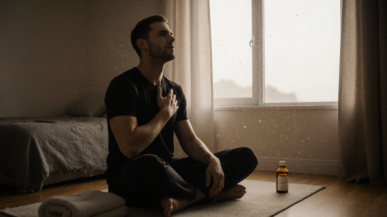 A man sitting peacefully in a sunlit bedroom, breathing deeply after a tantric session, oil and towel nearby.