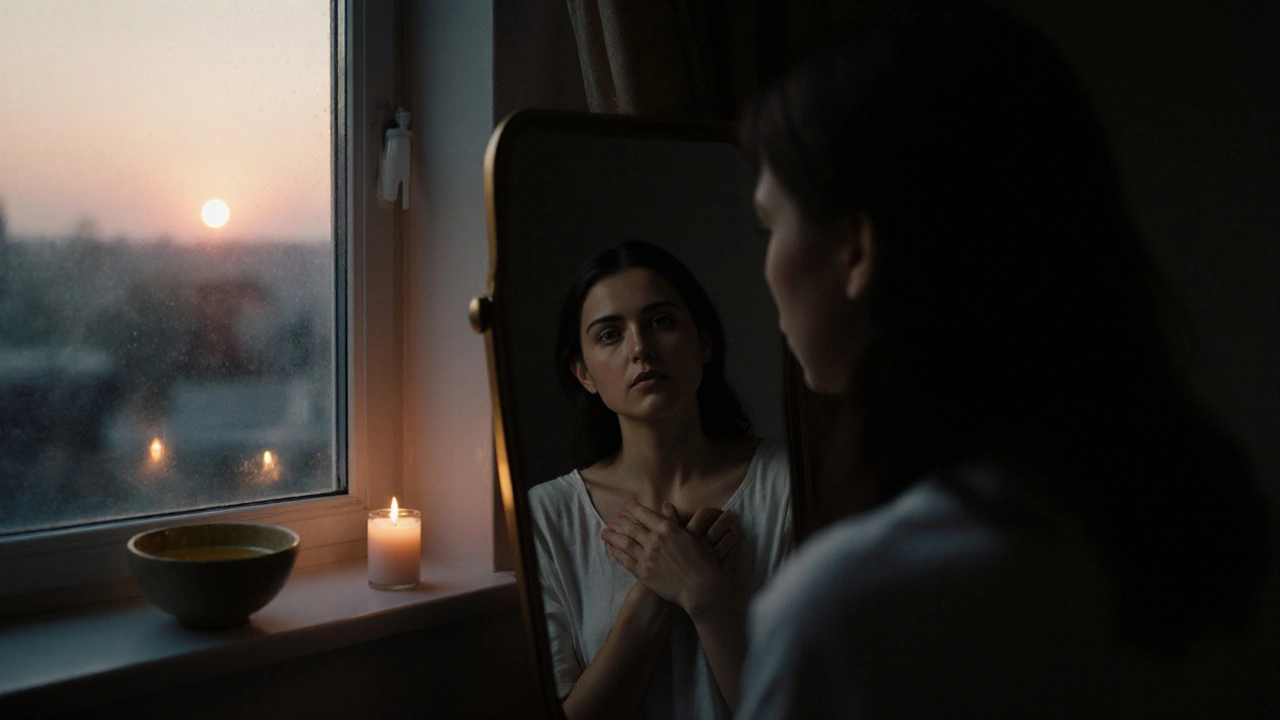 A person sitting before a mirror, eyes closed, hands on chest, in a quiet room with dawn light entering through the window.