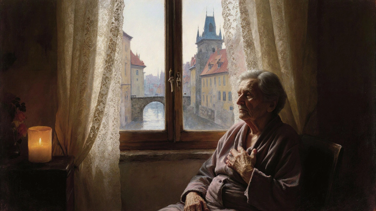 An elderly woman sitting quietly by a window, bathed in soft morning light after a healing session.
