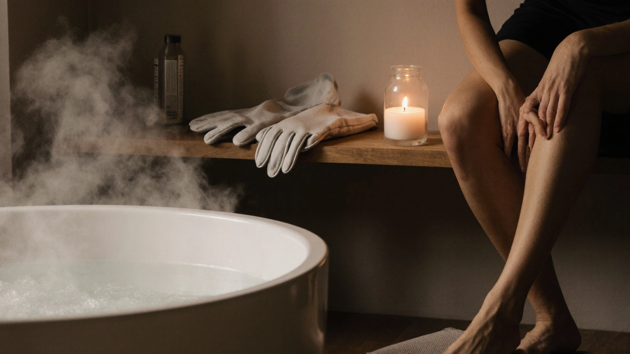 Calm wellness setup with bath, candle, and massage supplies ready for self-care.