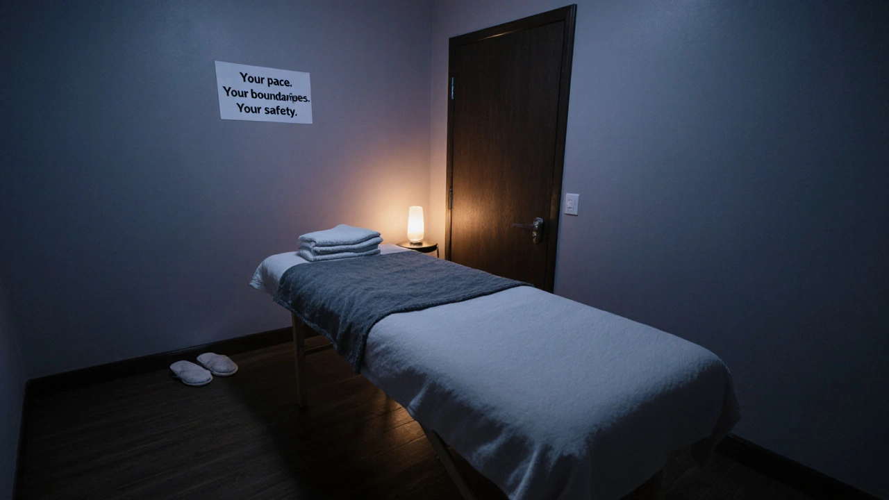 Empty massage room with folded blanket and slippers, conveying safety and quiet preparation for gentle touch.