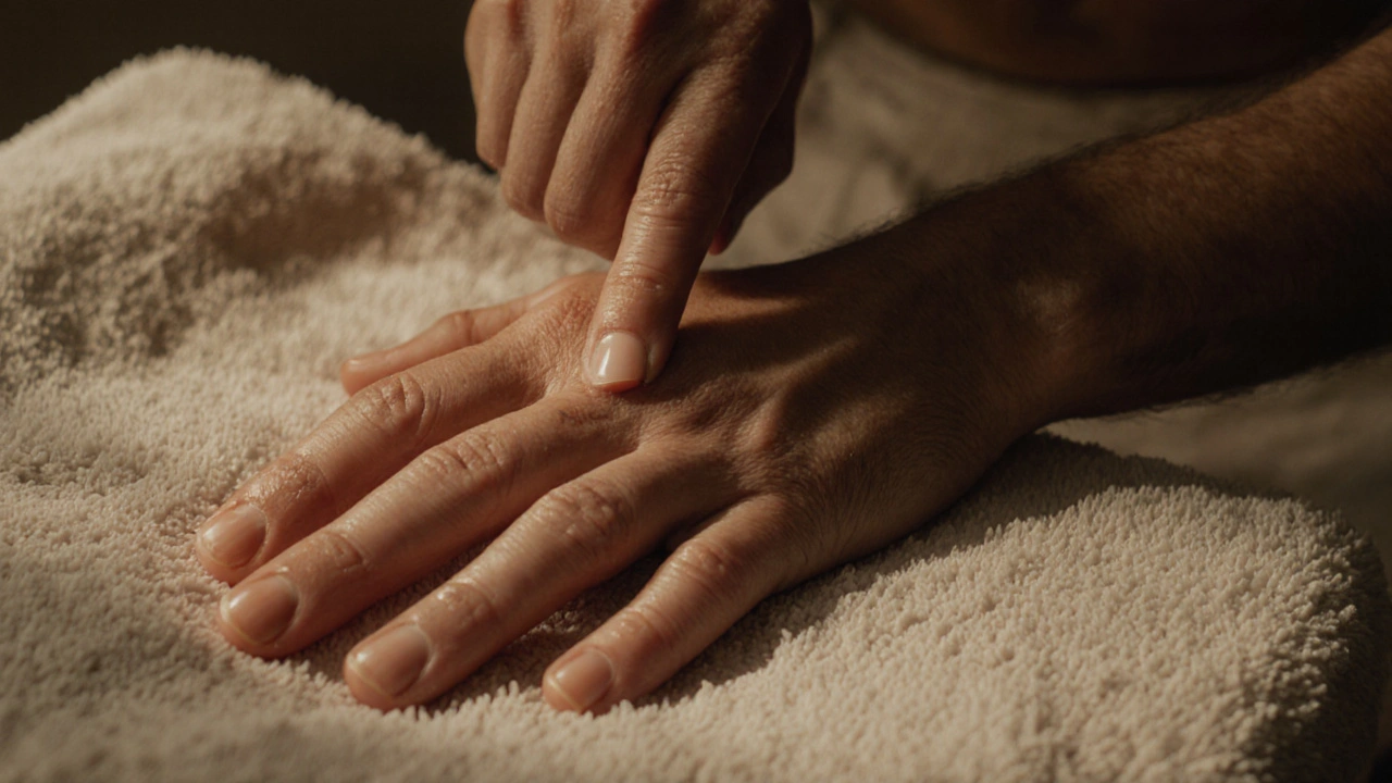 Hand gently massaging the perineum with soft, circular motions.