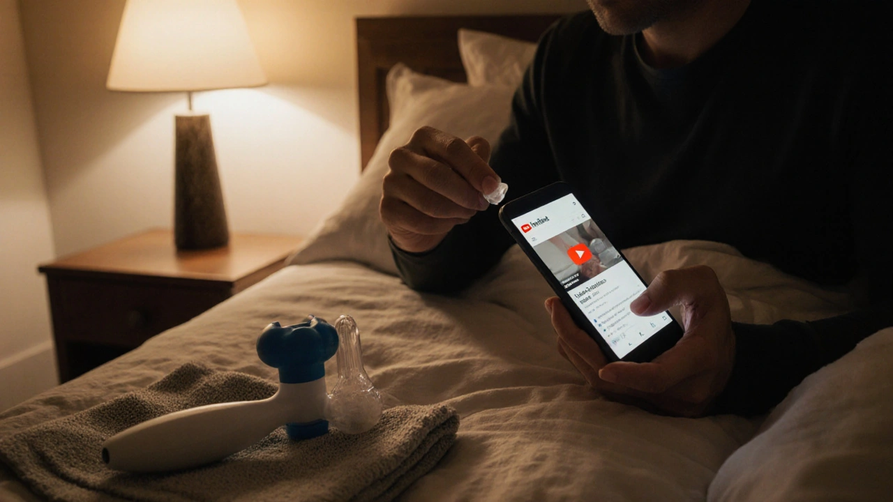 Man at home preparing for self-prostate massage with lubricant and a massager on the bed.