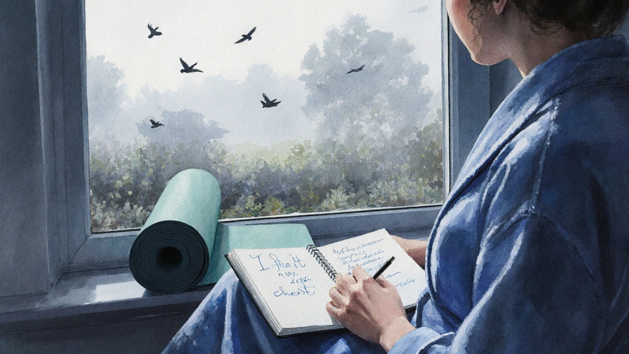 Someone sitting quietly in a robe, looking out a window at a foggy garden, journal open on their lap.