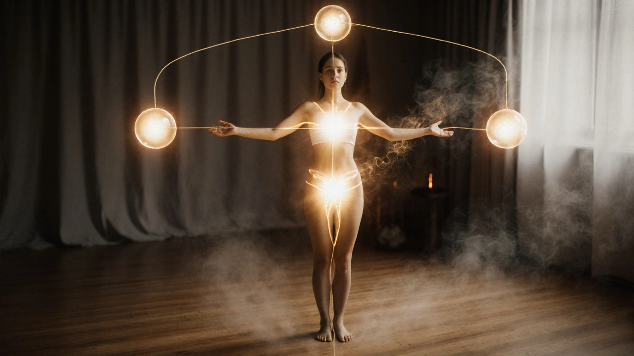 Symbolic image of golden energy orbs connecting heart and pelvis, representing inner awakening.