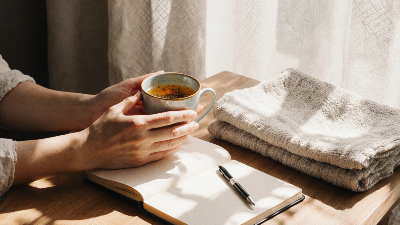 Two hands offering tea beside a folded towel and journal in a sunlit, peaceful room.