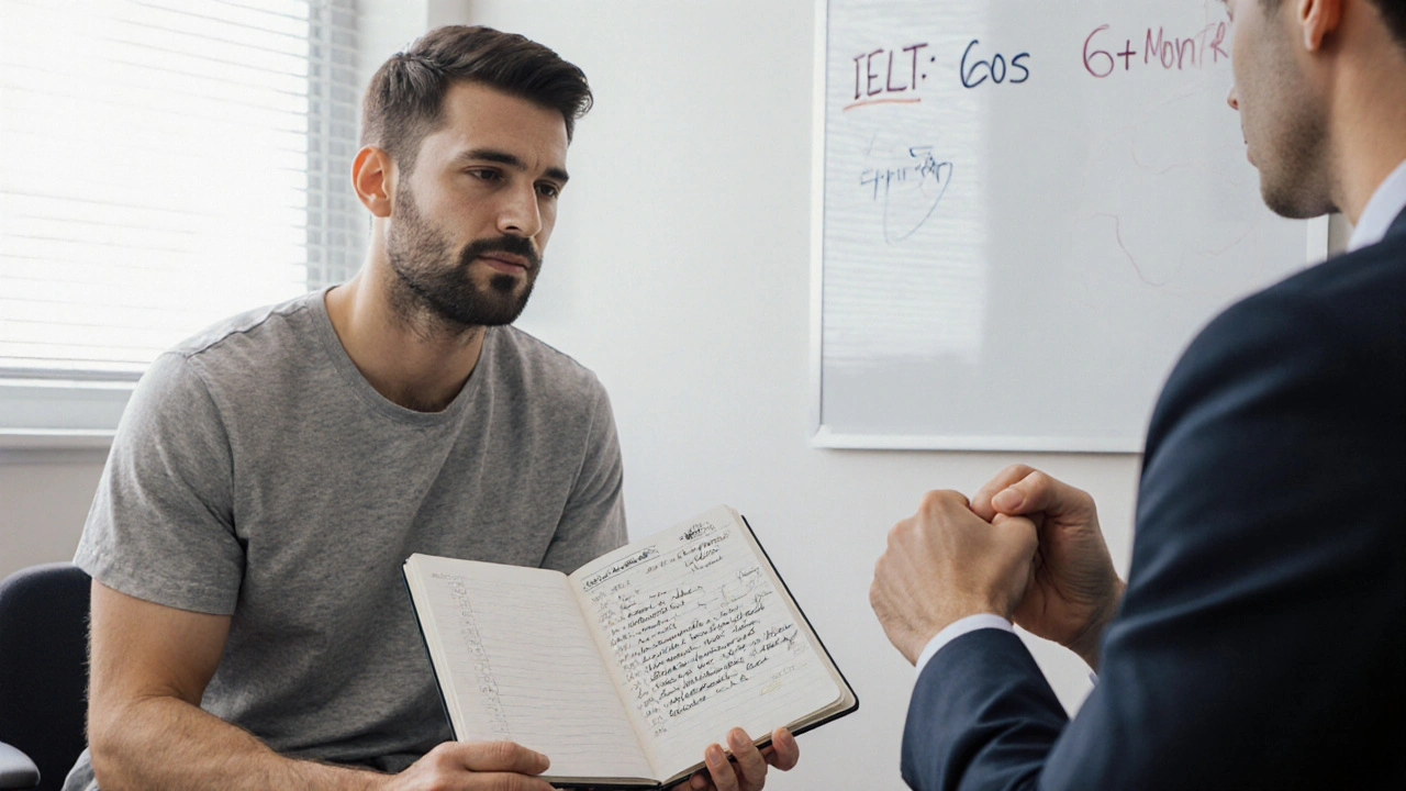 Two men consulting a doctor about ejaculation issues, one holding a journal, in a calm clinic setting.