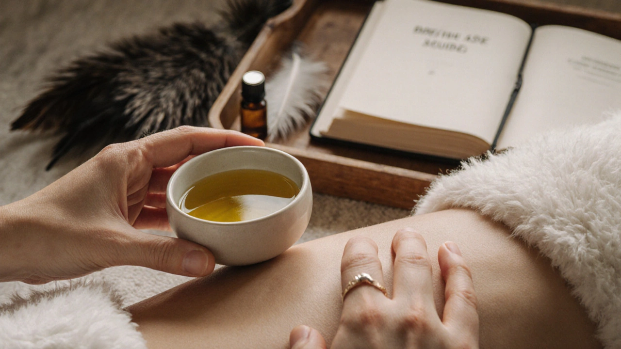 Warm oil and natural textures beside a hand resting softly on a client&#039;s back during a tantric session.