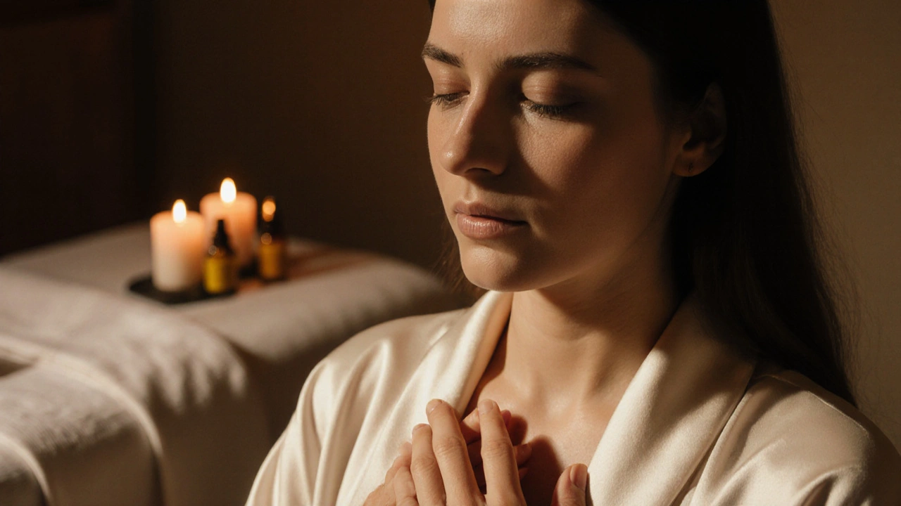 Woman with closed eyes and tears on her cheeks, hands on chest, bathed in candlelight after a session.