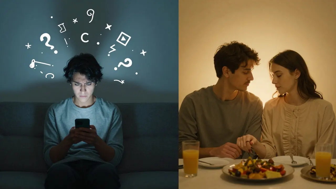 A person transitioning from isolation and stress to quiet connection with a loved one after healing.