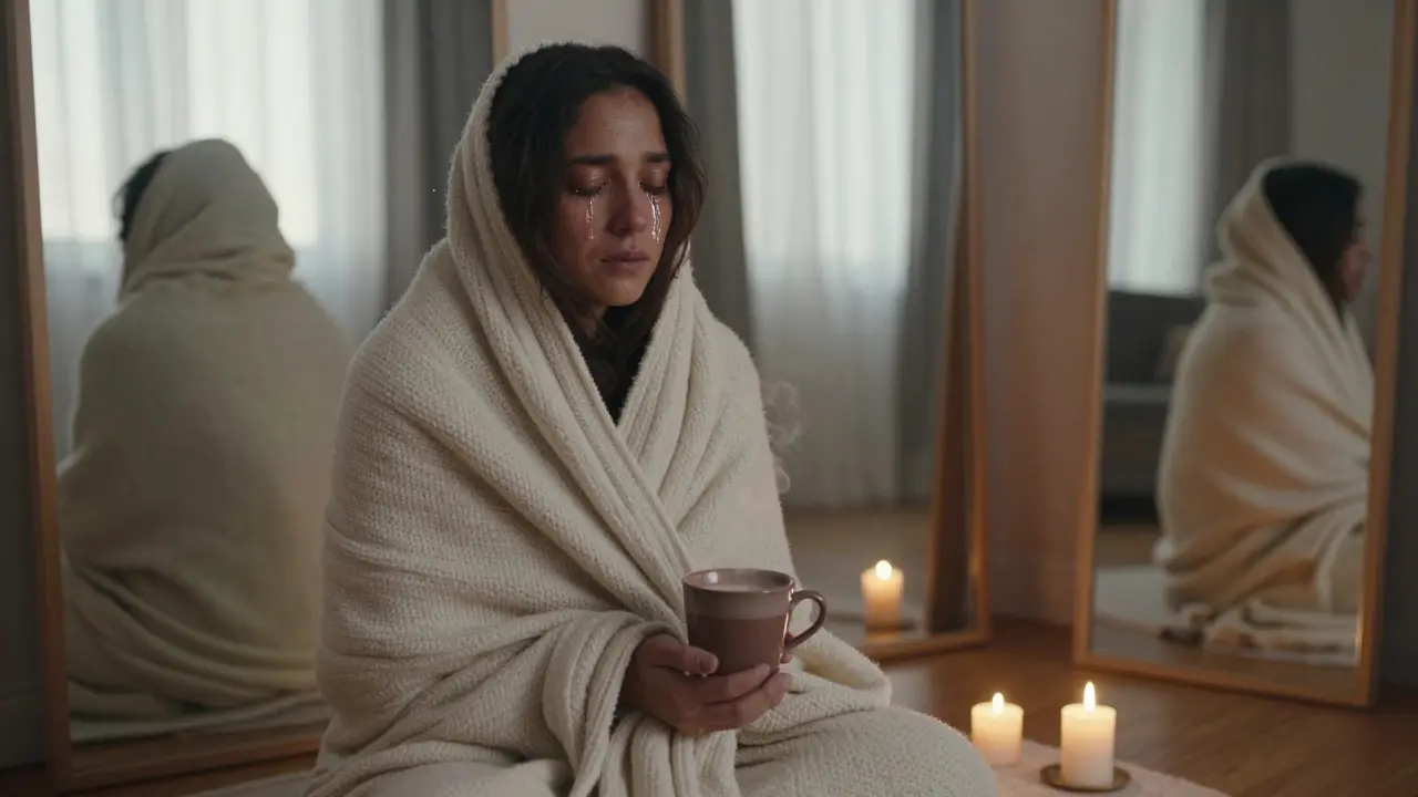 A person wrapped in a blanket after a session, tears on their face, holding a cup of cacao in peaceful solitude.