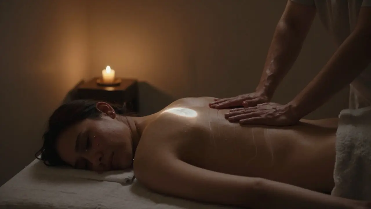 A practitioner's hands moving slowly along a client's spine during a tantric massage, with candlelight and emotional release.