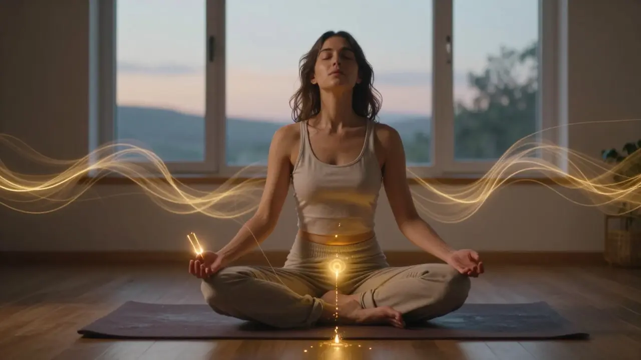 A woman exhales deeply while holding her sacral area, surrounded by glowing vibrations from tuning forks in a tranquil space.