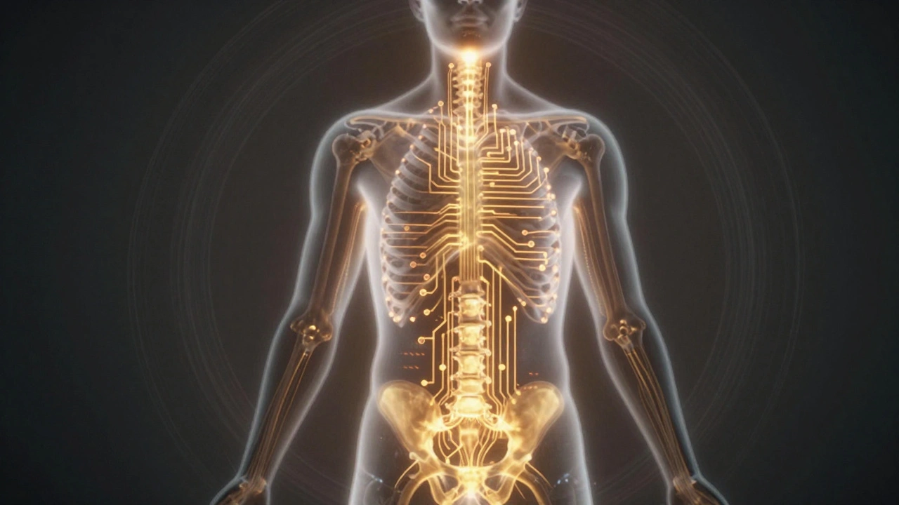 Abstract glowing human form with golden breath energy flowing from pelvis to chest, resembling a living circuit.
