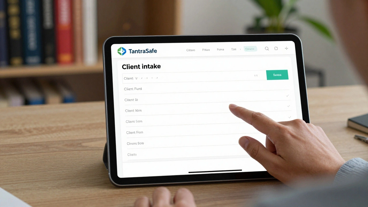An encrypted digital intake form on a tablet showing anonymized client data in a private office.