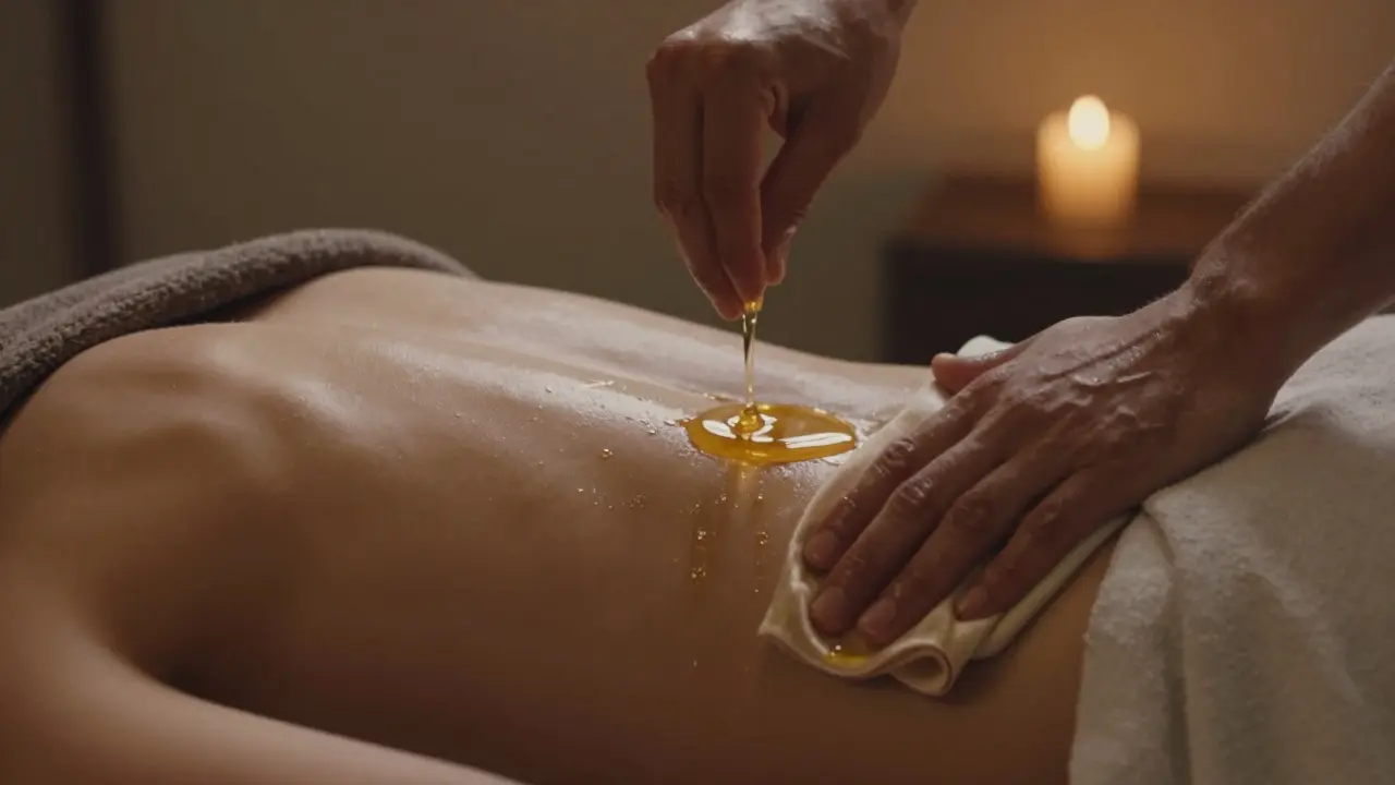 Gentle hands applying warm oil and silk to bare skin, conveying mindful touch without eroticism.