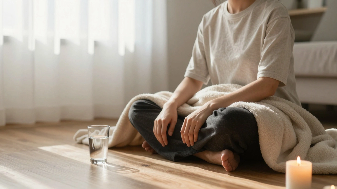Person sitting quietly after massage, sunlight through curtains, candle glowing, serene and peaceful moment.