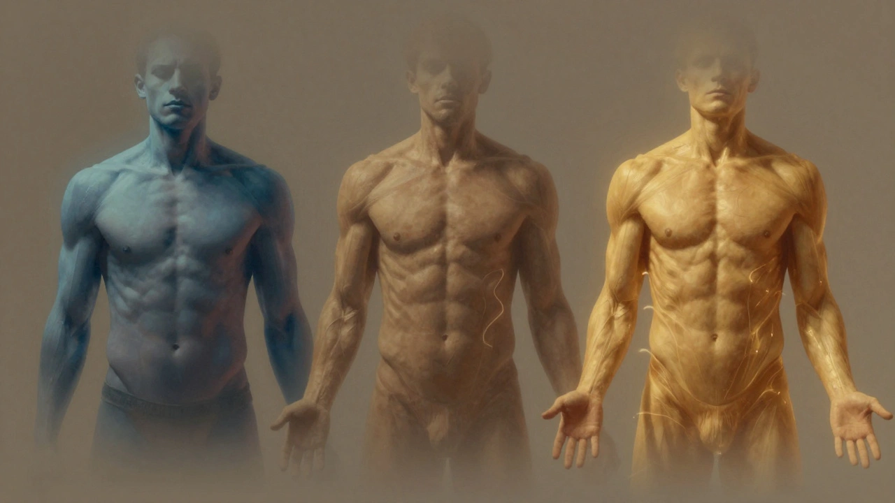 Side-by-side visual of tense versus relaxed body, subtle energy flow along spine, symbolizing stress release.