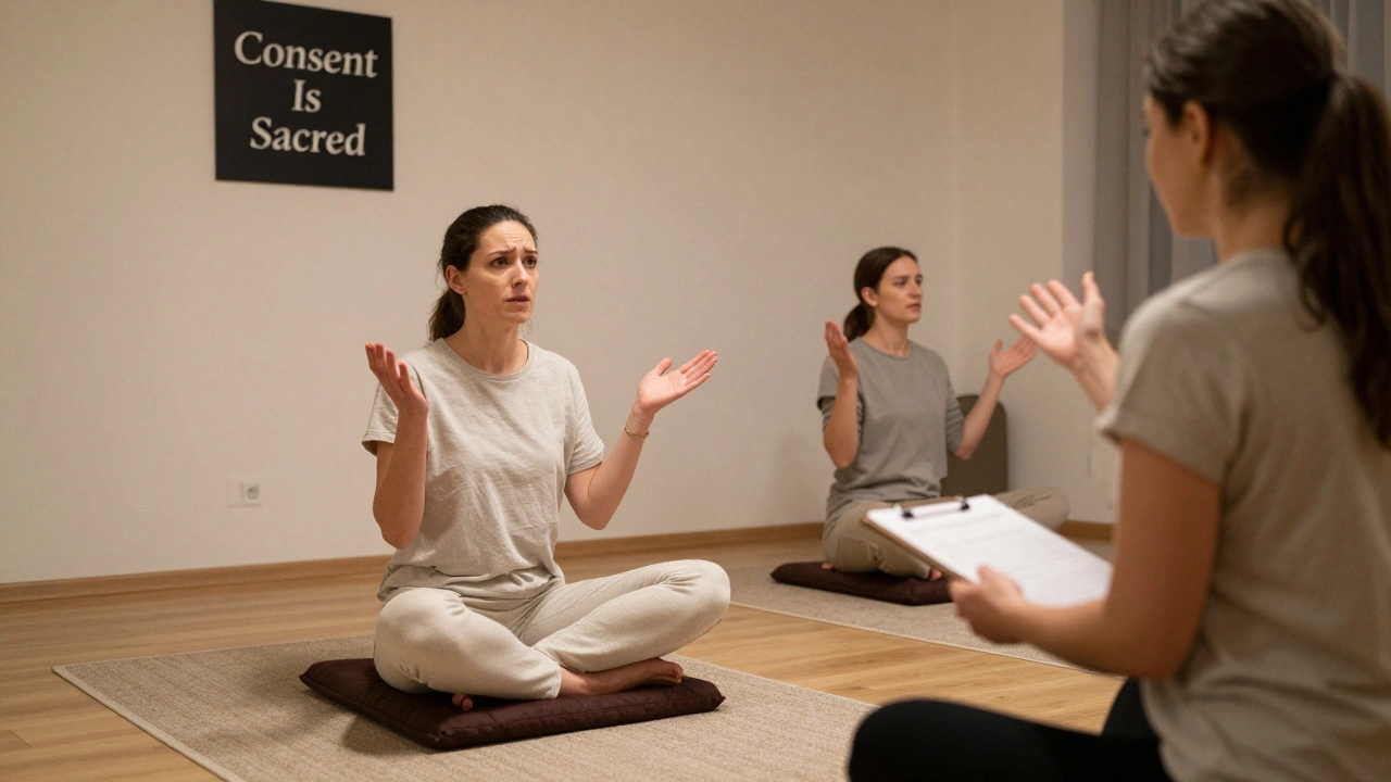 Tantra practitioners role-playing boundary setting during a professional safety training session.