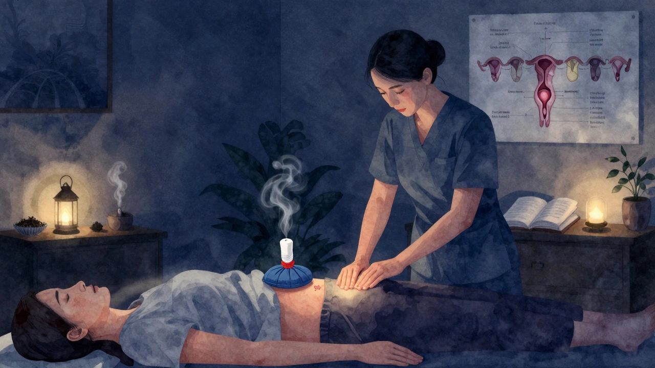 Therapist applying acupressure to client’s ankle while cool compress soothes abdomen.