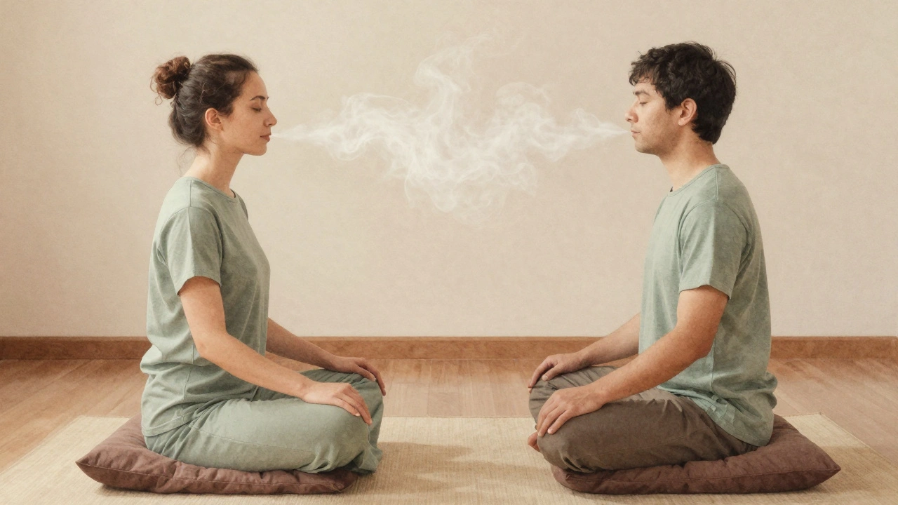 Two people sitting silently facing each other, visible breath streams connecting them in a calm, earth-toned room.