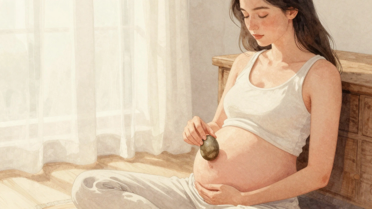 Woman calmly inserting a yoni egg during the follicular phase in soft morning light.