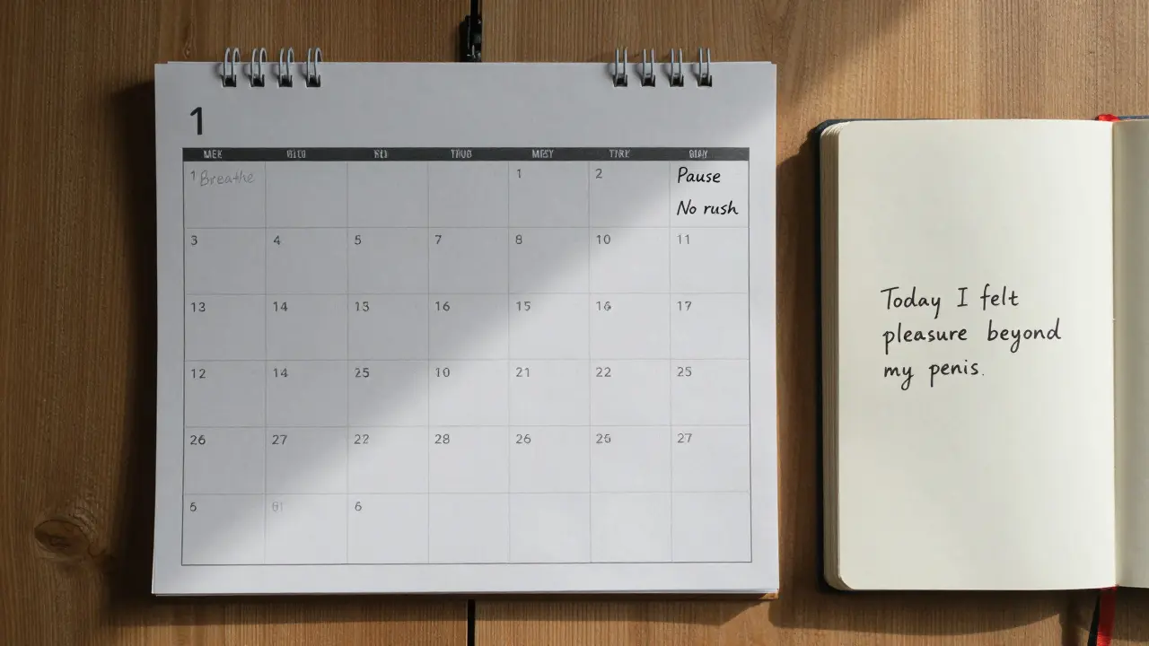 A calendar and journal showing daily progress in learning ejaculation control over months.