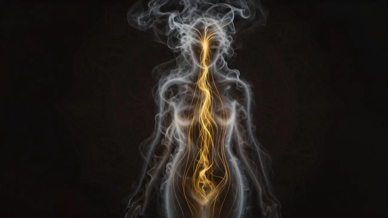 A glowing human silhouette with golden energy threads rising upward, dissolving into light.