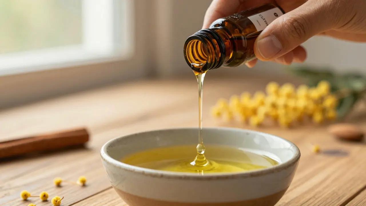 A hand carefully mixing essential oil blend with carrier oil in a ceramic bowl, surrounded by natural ingredients like petals and cinnamon.